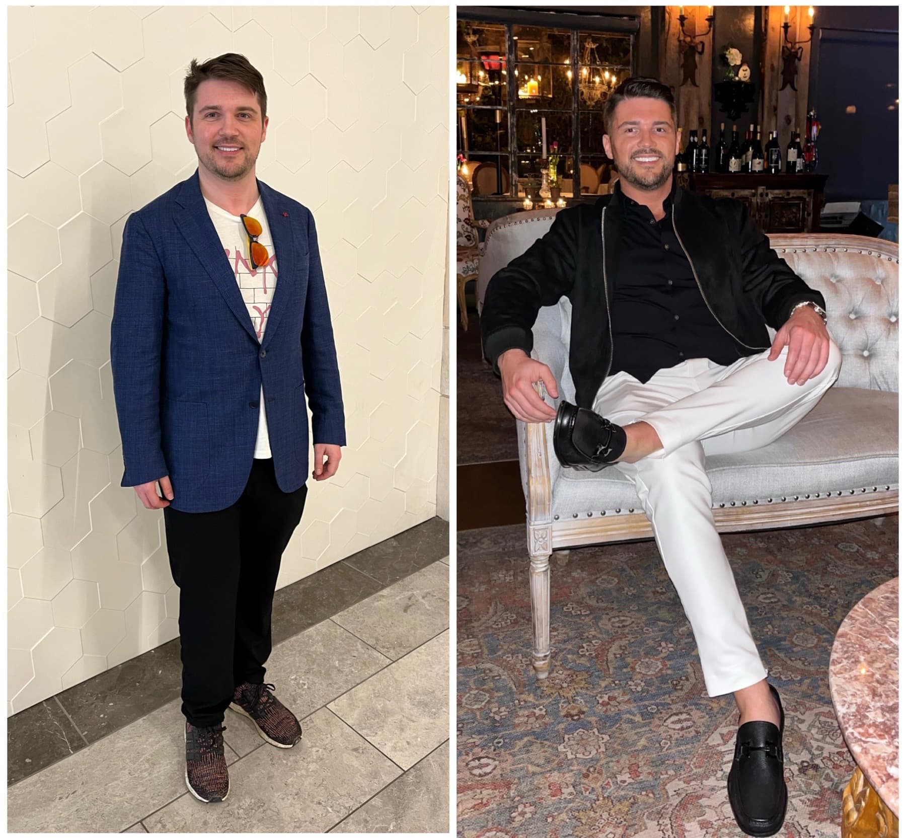 Before and after: a client in a loose blue blazer, then in a black jacket and white trousers