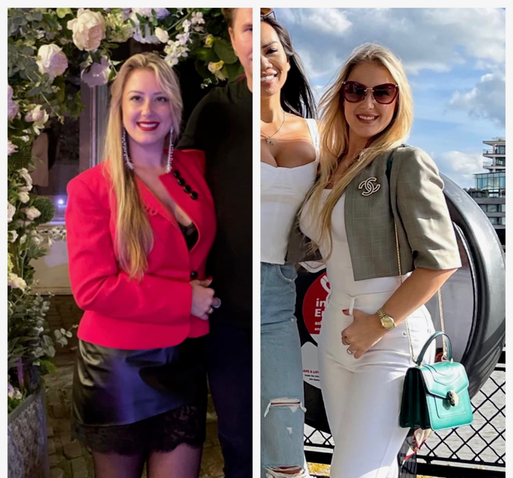 Before in a red blazer and leather skirt, after in a cropped grey jacket and white tailored trousers