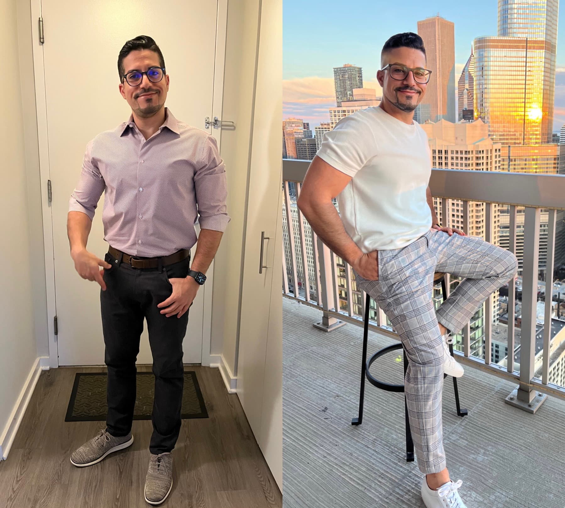 Before in a lilac shirt and dark jeans, after in a white tee and plaid trousers on a rooftop