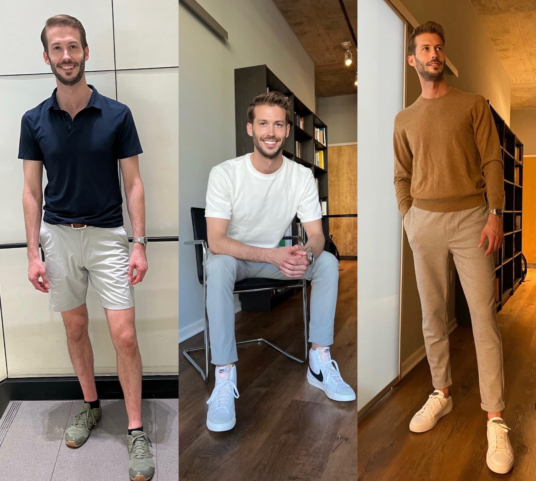 Three looks on a tall client: polo and shorts, white tee and light trousers, camel sweater and taupe trousers