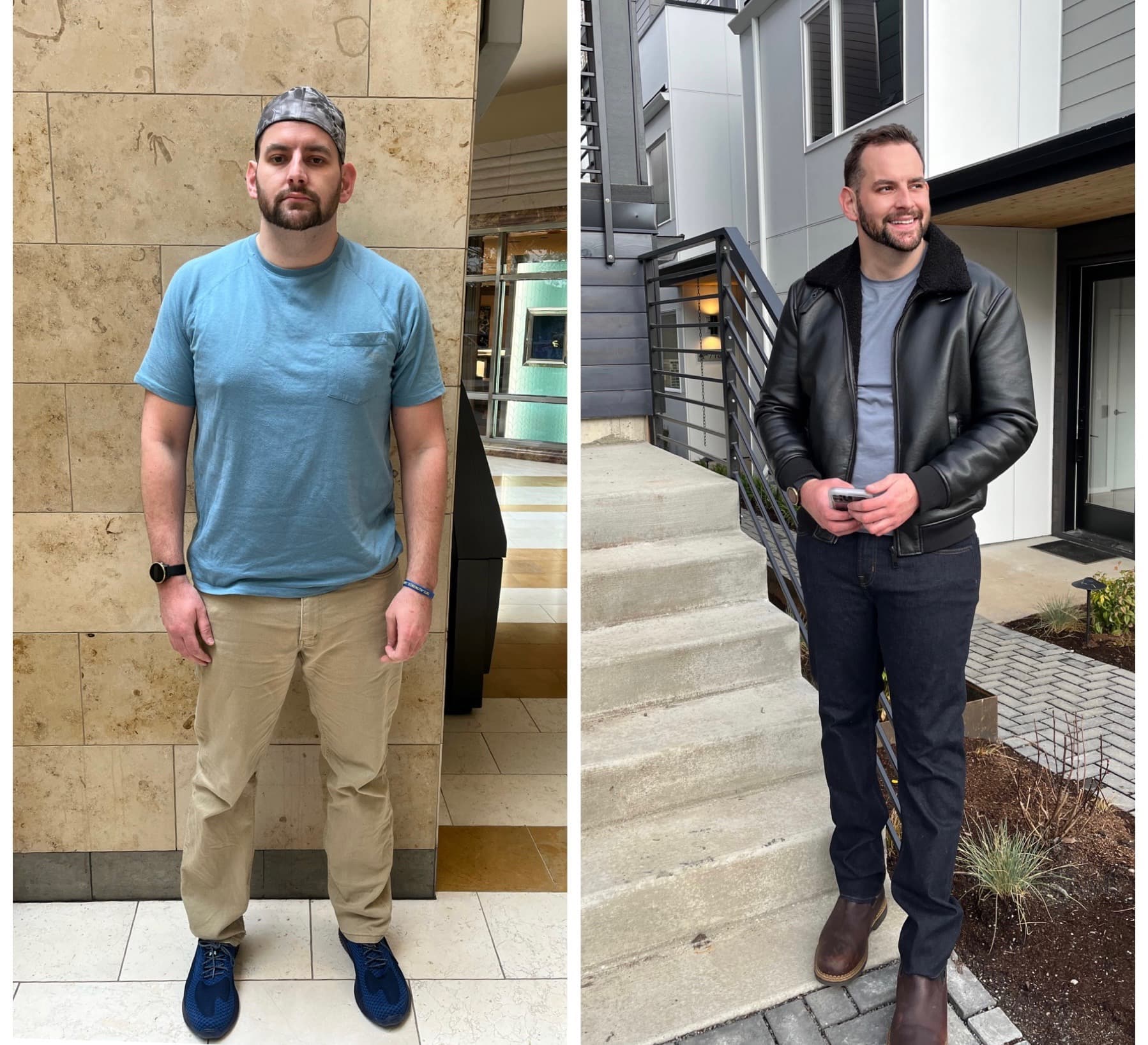 Before in a blue tee and khakis, after in a shearling-collar leather jacket, dark denim and boots