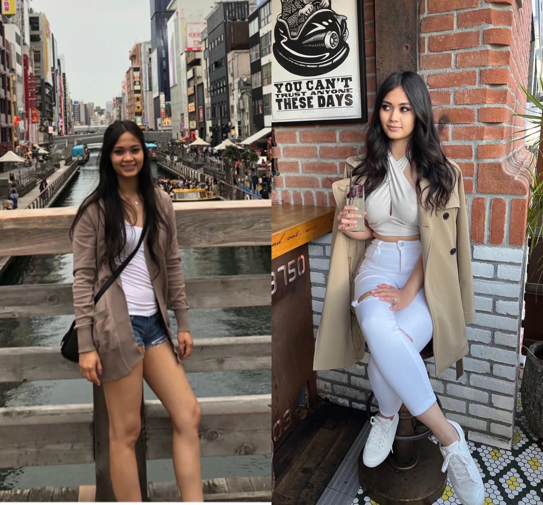 Before in a cardigan and denim shorts in Osaka, after in a trench coat, white halter and white jeans