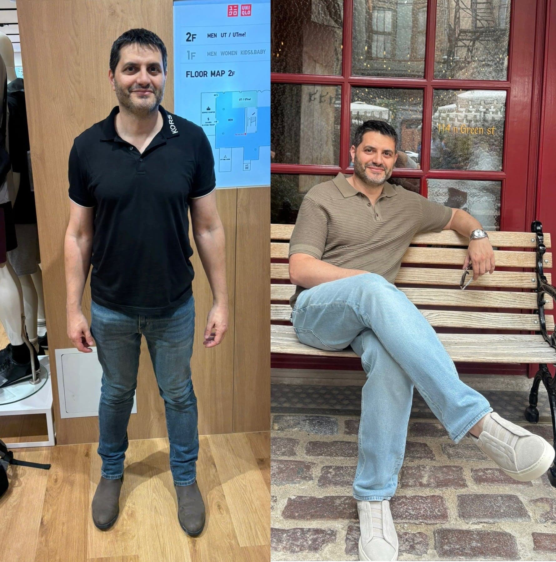 Before in a black polo and dark jeans, after in a knit polo, light jeans and suede sneakers on a bench