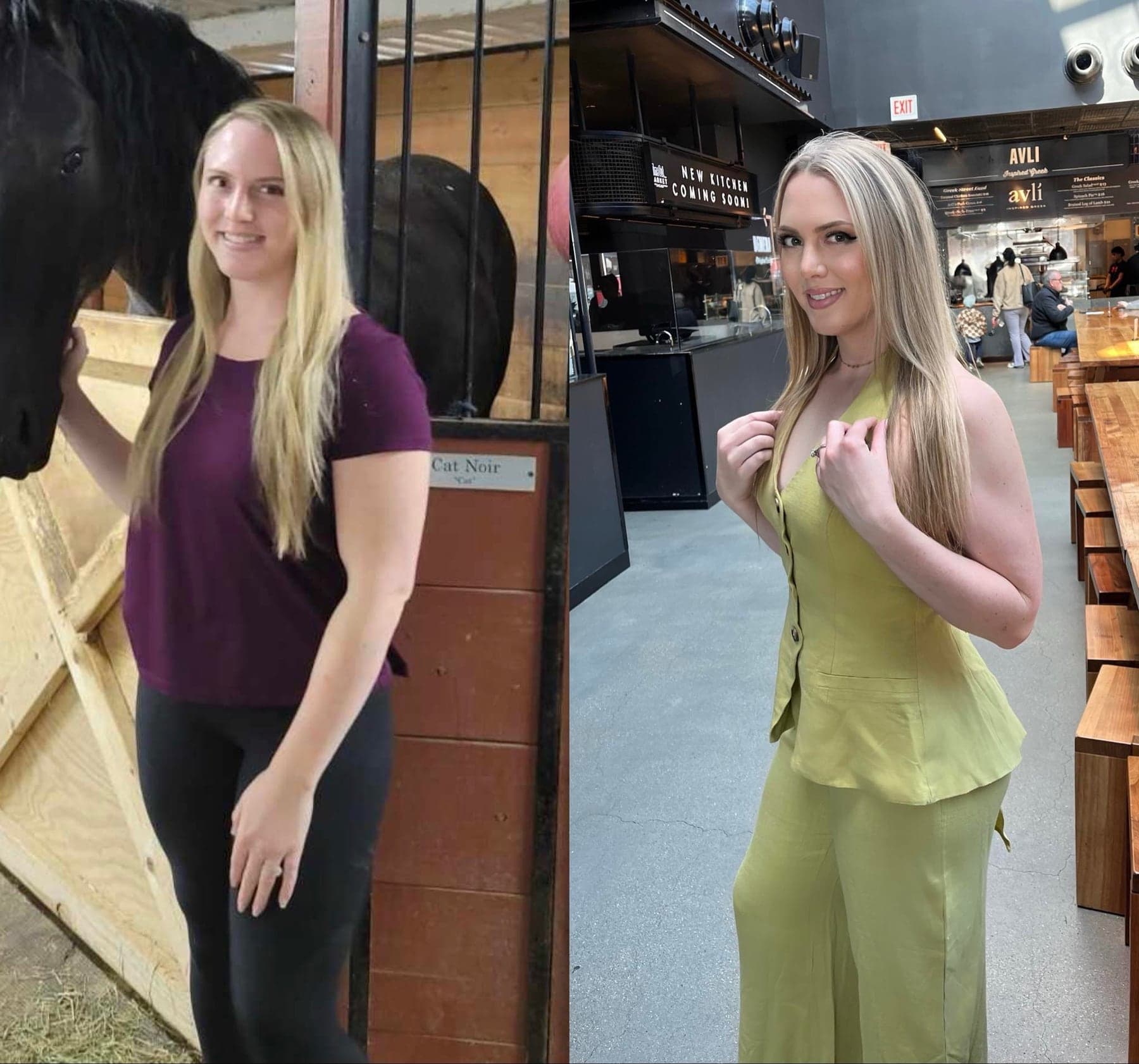 Before in a purple tee and black leggings, after in a chartreuse vest and wide trousers